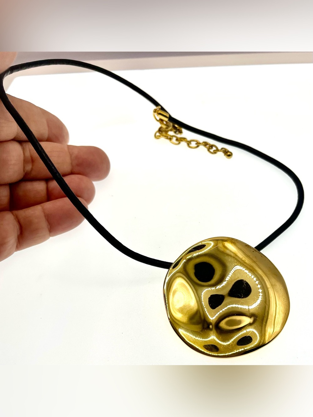 Joan Rivers 1990s Gold Tone Modernist Statement Pendant Necklace on Black Cord